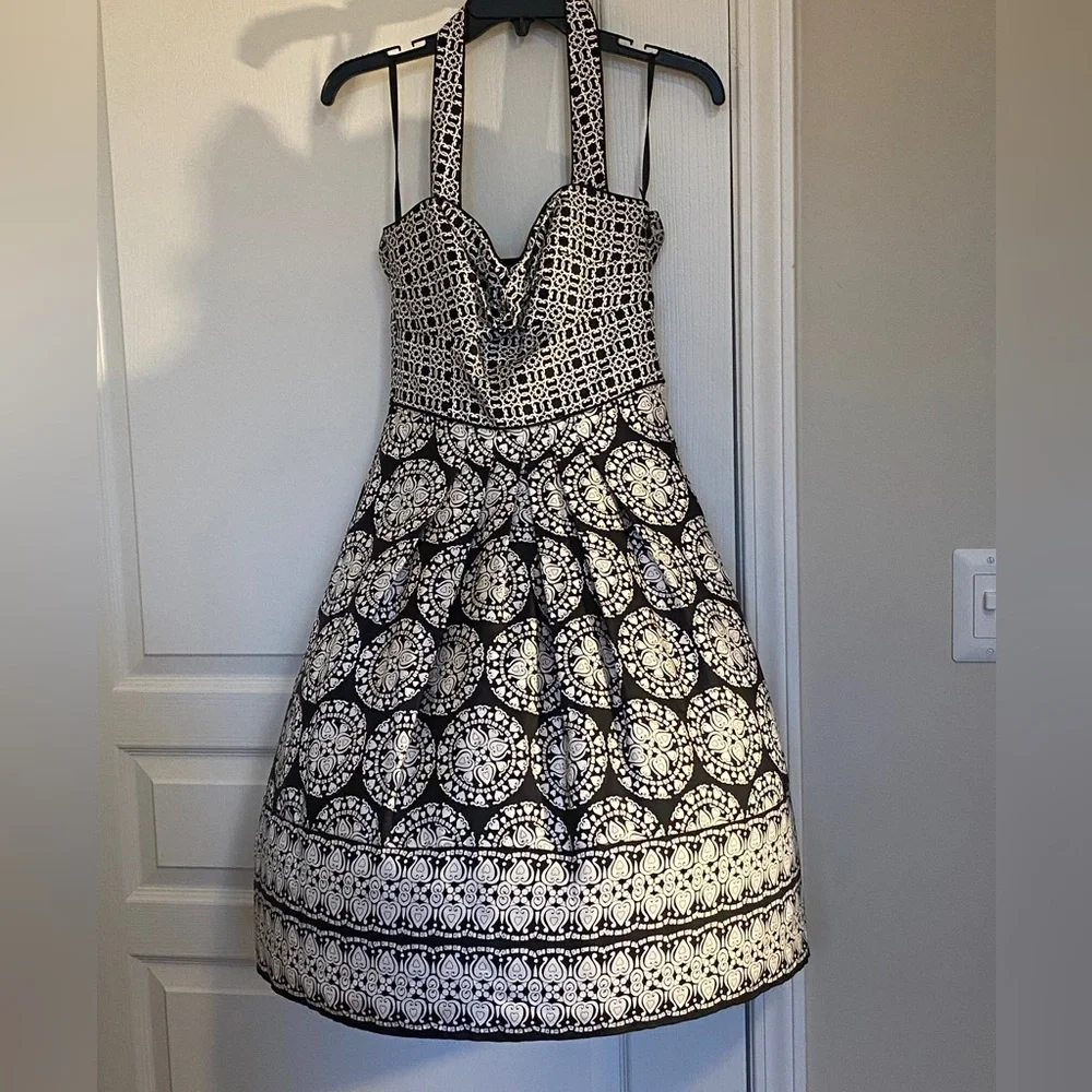 White House Black Market 100% silk black and white printed halter dress. - Picture 6 of 12